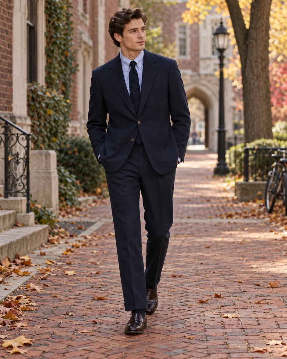 Navy Ivy-inspired sack suit — Relaxed cut, Notch lapel. Style reference
