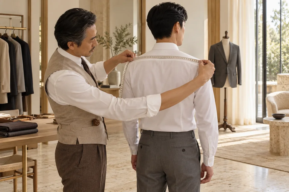 Tailor measuring a client’s shoulders and back — illustrative scene