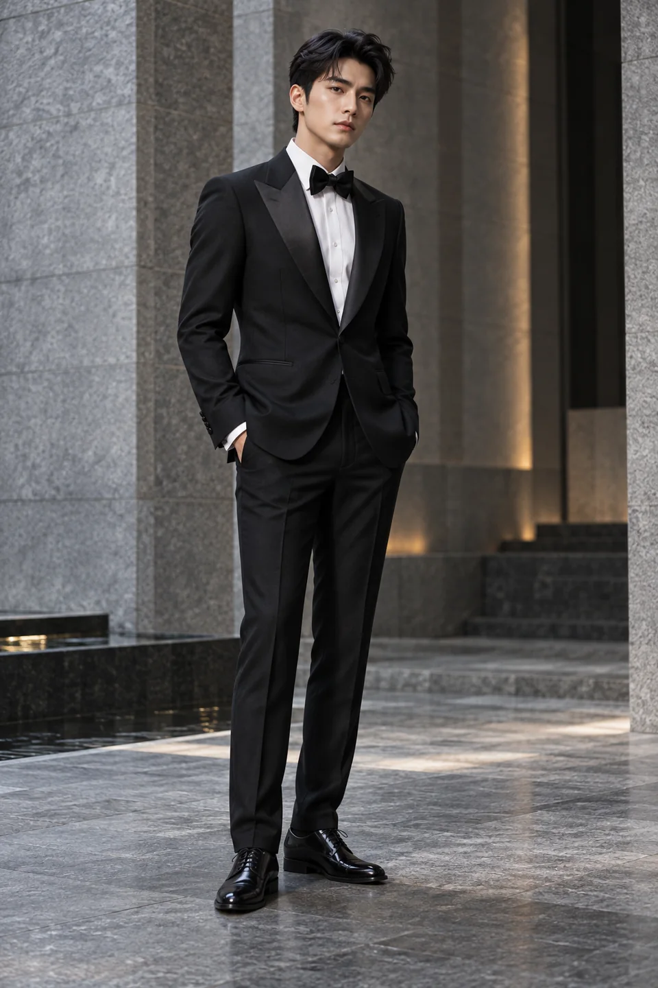 Black peak-lapel tuxedo — Formal cut, Peak lapel. Style reference