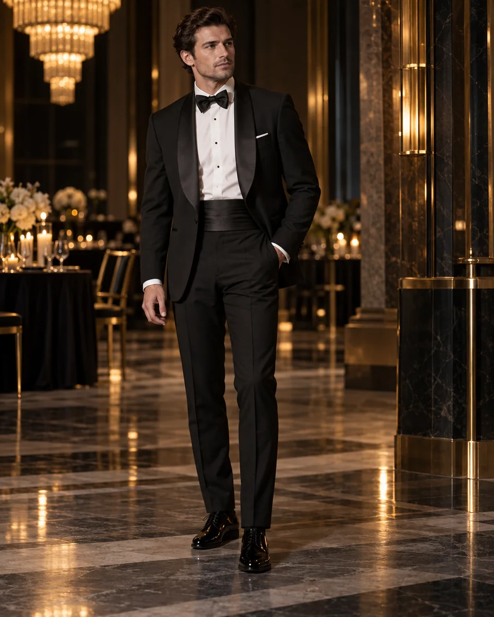 Black shawl-collar tuxedo — Formal cut, Shawl lapel. Style reference