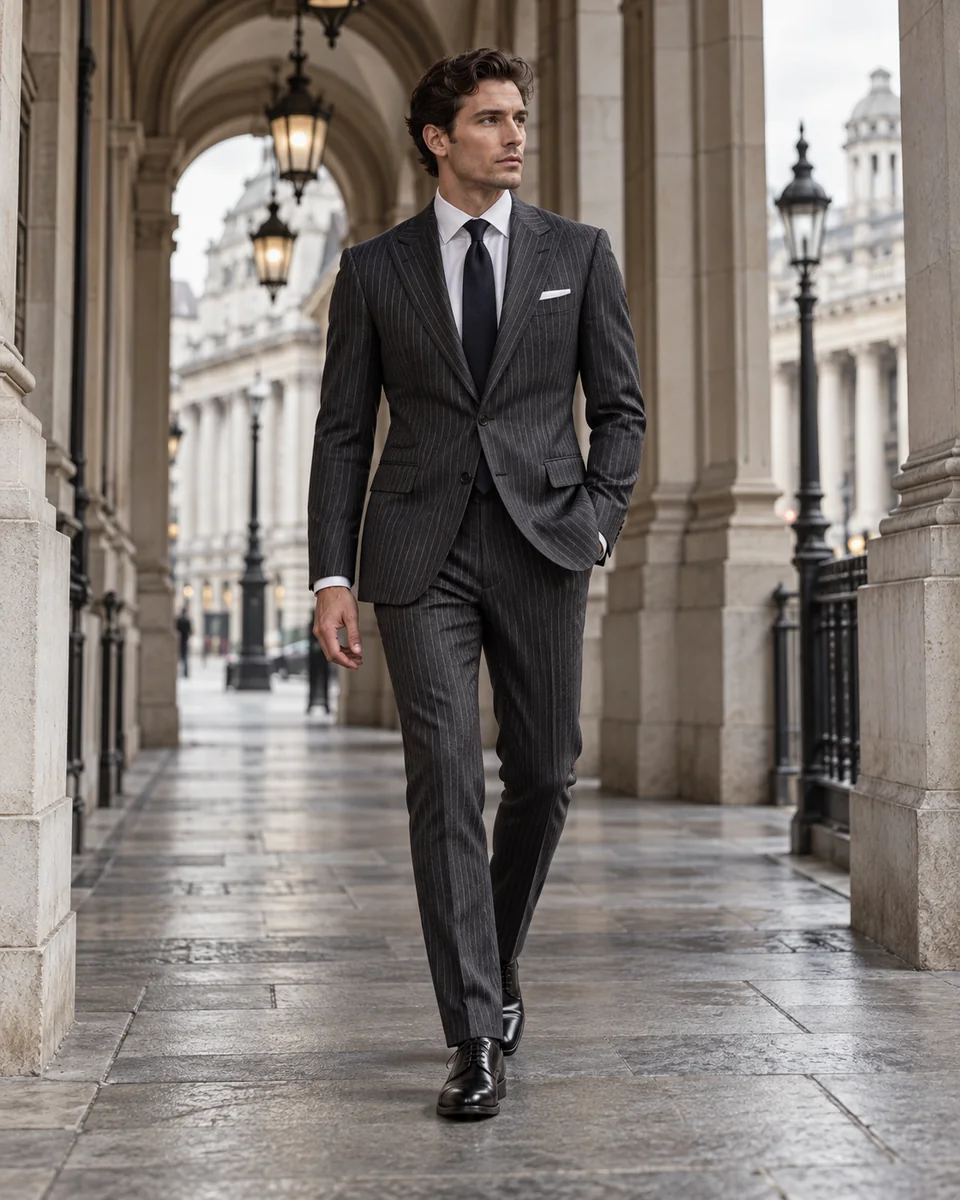 British-inspired charcoal pinstripe suit — Classic fit, Peak lapel. Style reference