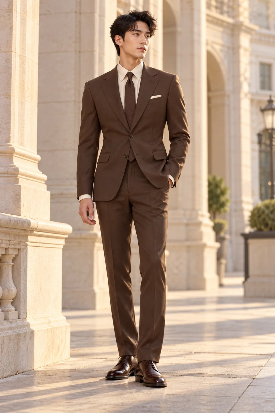 Cocoa slim-cut business suit — Slim cut, Notch lapel. Style reference