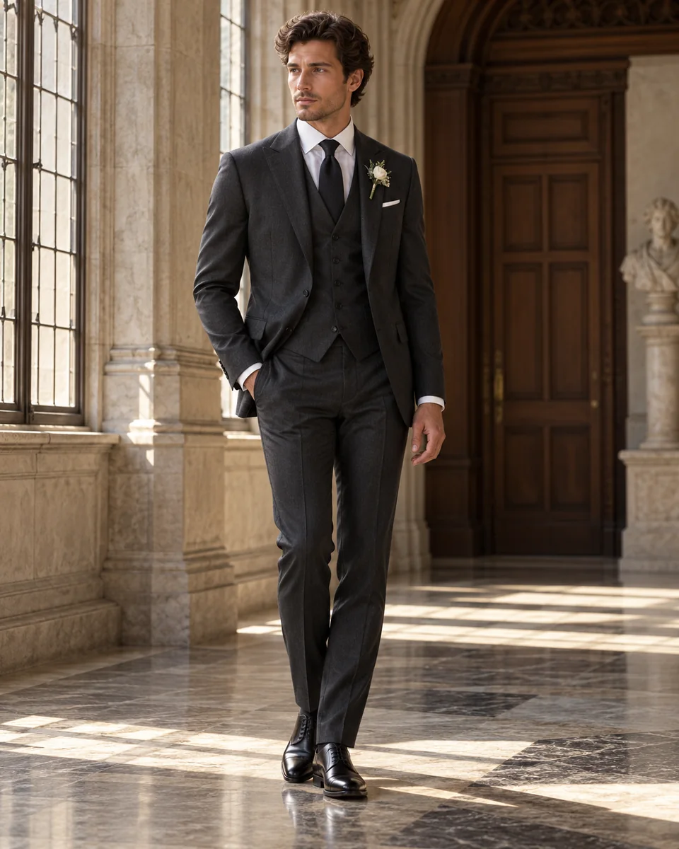 Charcoal wedding three-piece — Classic fit, Peak lapel. Style reference