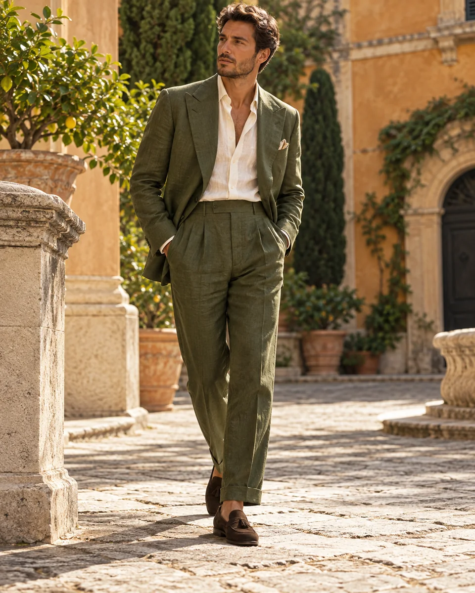 Italian-inspired olive linen suit — Relaxed cut, Notch lapel. Style reference