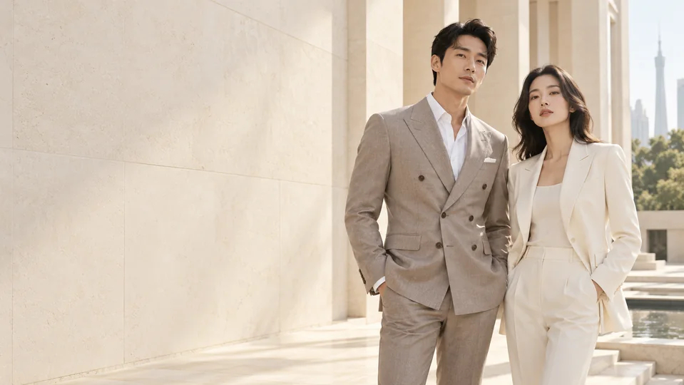 Men’s and women’s tailored suits in a city setting