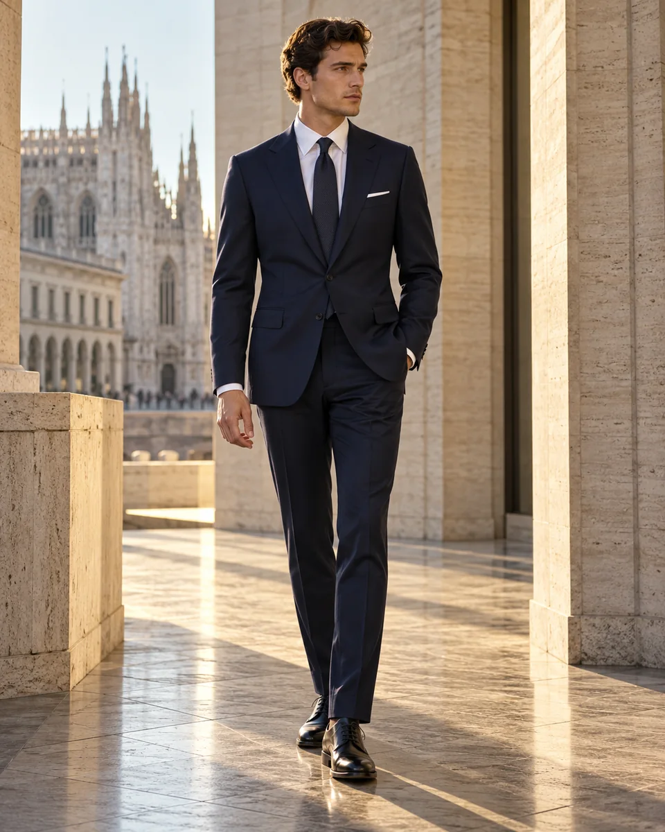 Milan-inspired navy suit — Slim cut, Notch lapel. Style reference