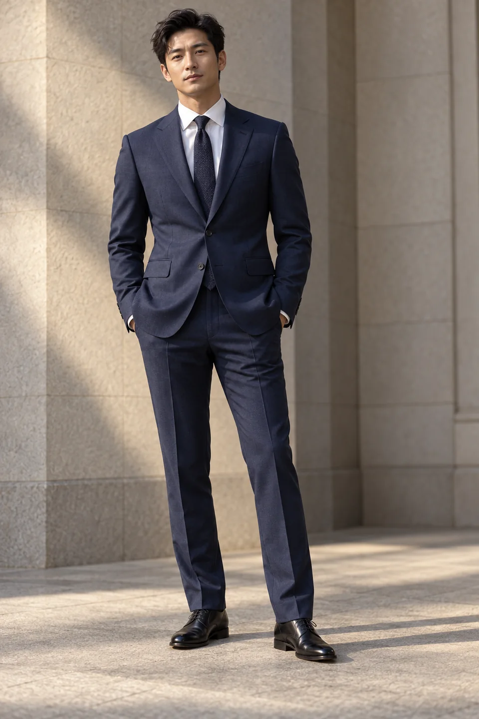 Navy business two-piece — Classic fit, Notch lapel. Style reference