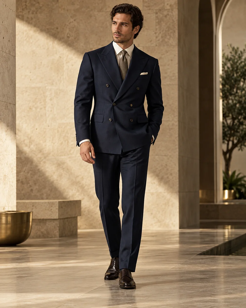 Midnight blue double-breasted suit — Classic fit, Peak lapel. Style reference