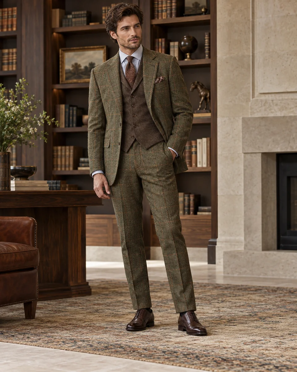 Olive checked tweed three-piece — Classic fit, Peak lapel. Style reference