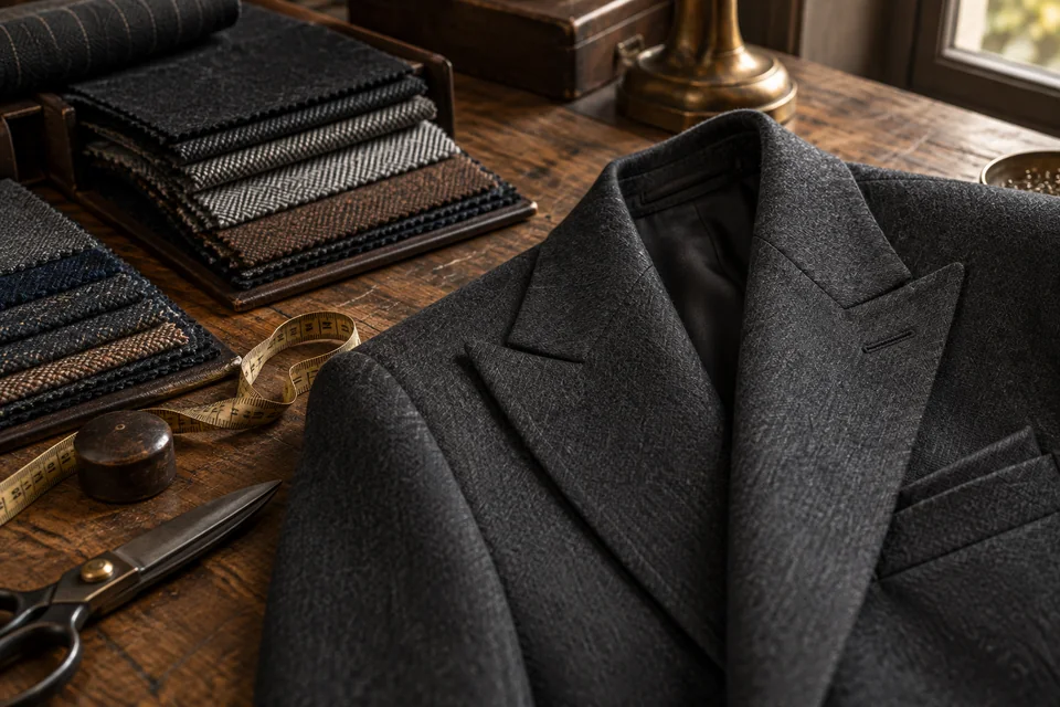 Suit cloth and tailoring details — illustrative scene