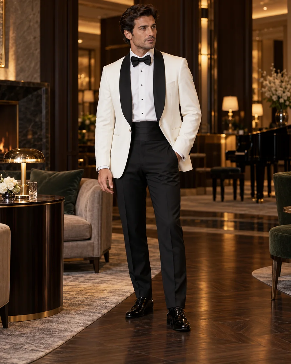 Ivory dinner jacket — Formal cut, Shawl lapel. Style reference