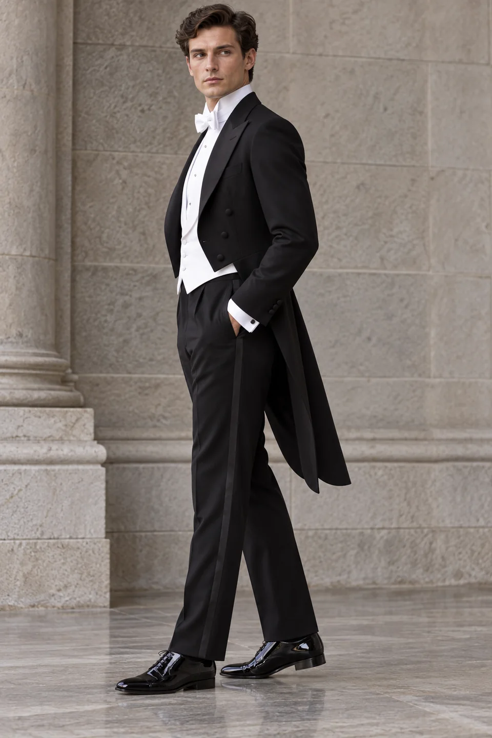 White-tie evening tailcoat — Formal cut, Peak lapel. Style reference