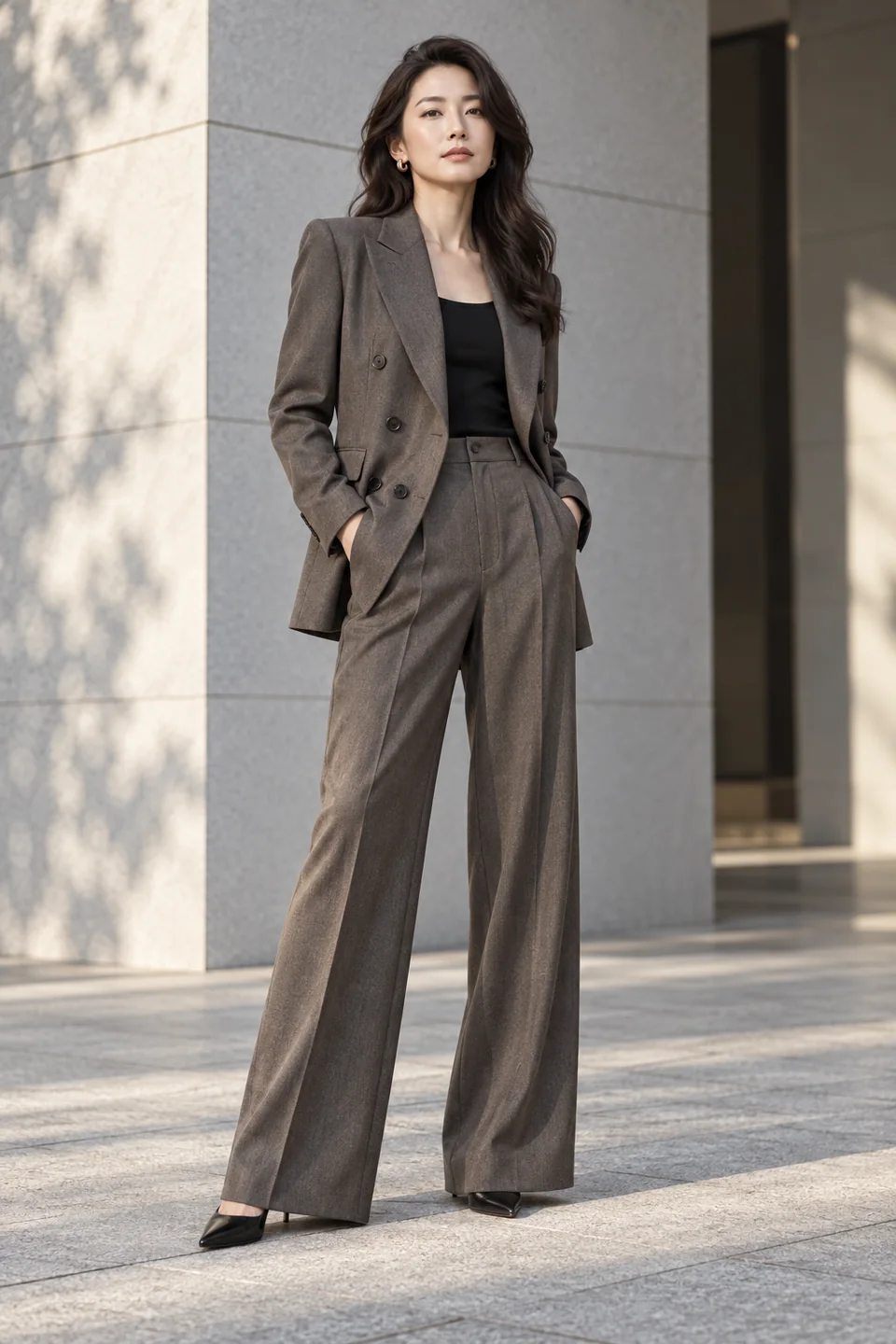 Charcoal double-breasted trouser suit — Relaxed cut, Peak lapel. Style reference