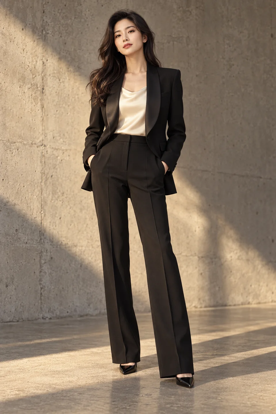 Women’s shawl-collar tuxedo — Formal cut, Shawl lapel. Style reference