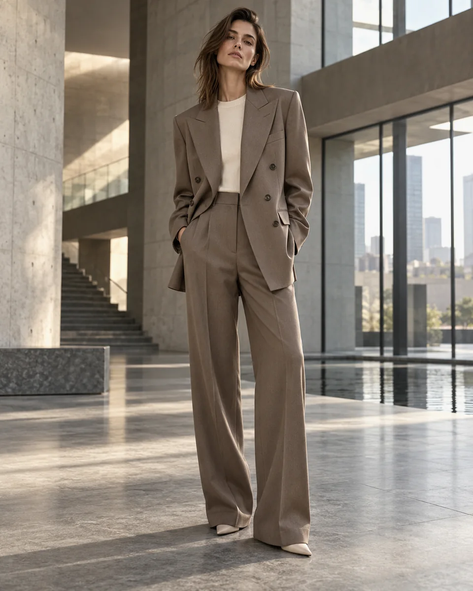 Taupe relaxed trouser suit — Relaxed cut, Peak lapel. Style reference